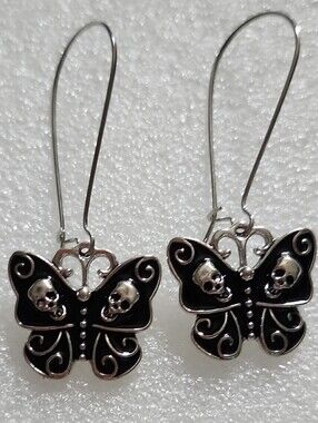 Hand Crafted Black and Silver Skull Butterfly Drop Earrings